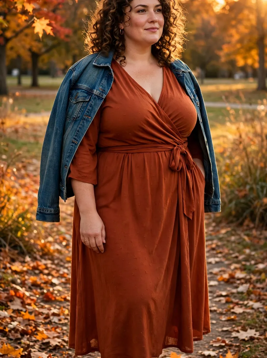 Plus size woman wearing a rust wrap dress with a denim jacket draped over her shoulders