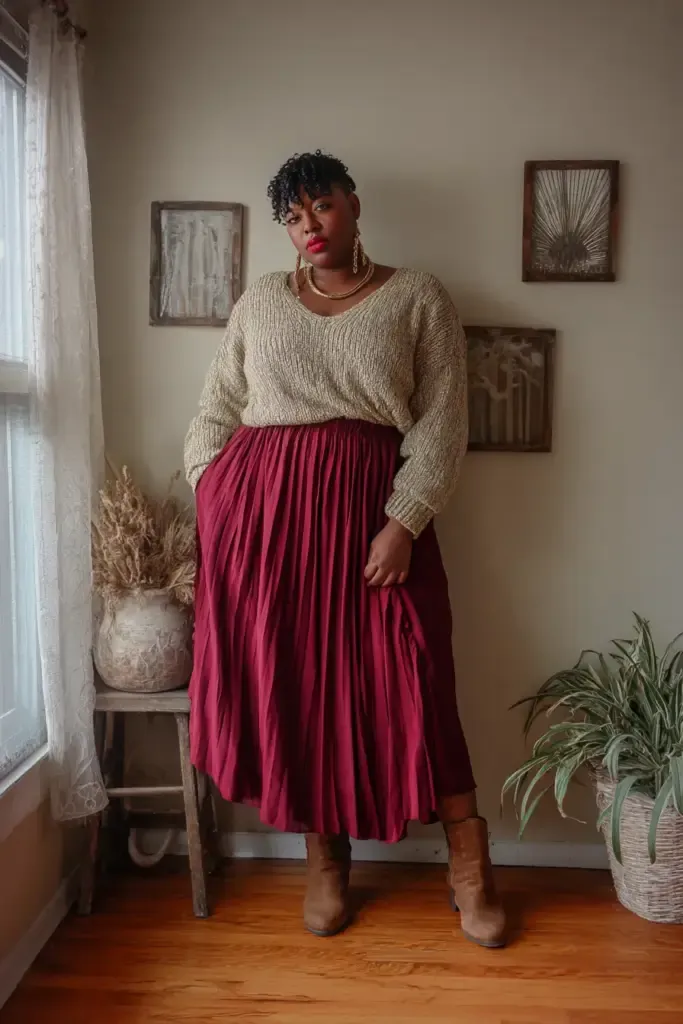 Plus-size woman in a gold knit sweater tucked into a burgundy pleated maxi skirt with tan ankle boots