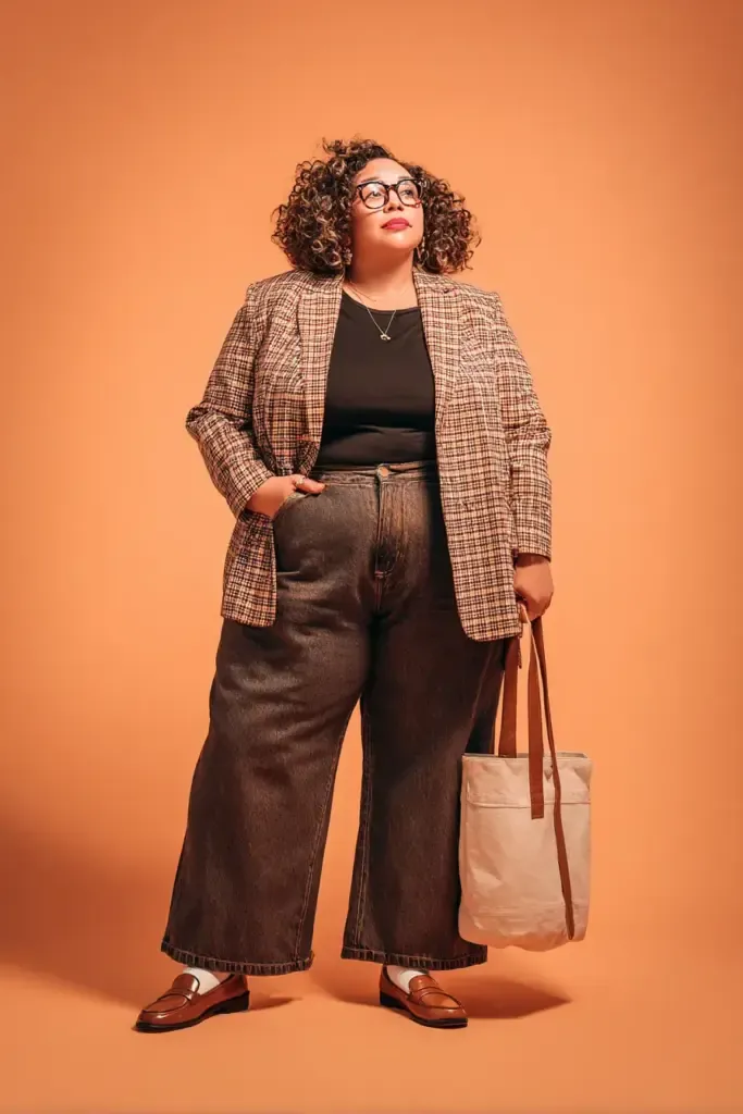 Plus-size woman in a plaid blazer, black top, wide-leg cropped jeans, and loafers