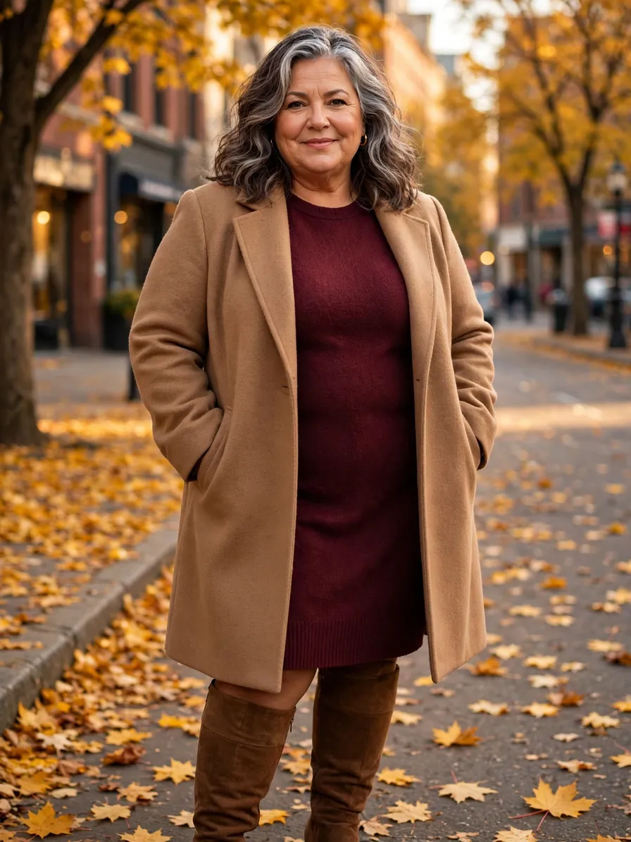 Mature plus-size woman with silver-streaked hair wearing a camel wool coat over a burgundy sweater dress with brown knee-high boots on an autumn street