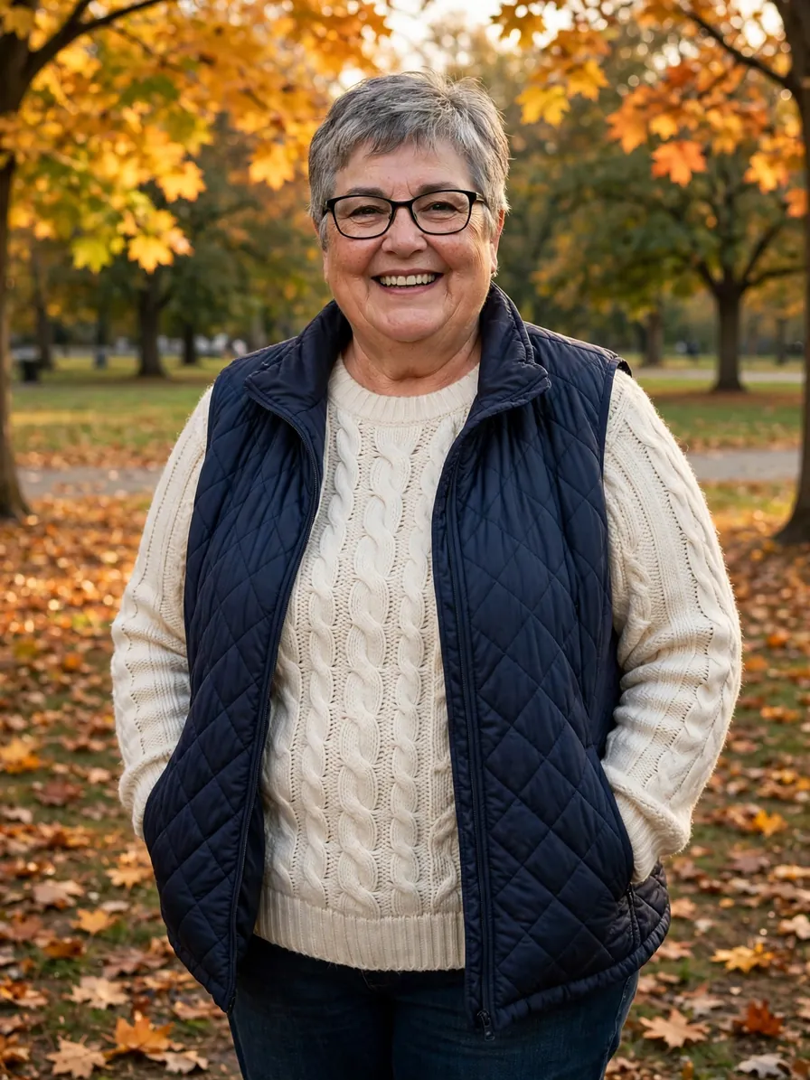 Smiling woman in her 60s with short gray hair and glasses wearing a navy quilted vest over a cream cable-knit sweater in an autumn park