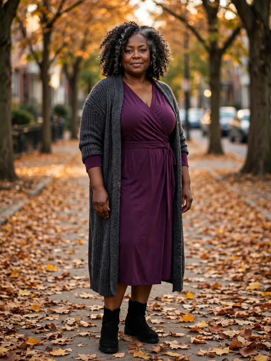 Plus-size Black woman in her 50s wearing a plum wrap dress with a long charcoal cardigan and black ankle boots on a leaf-covered sidewalk