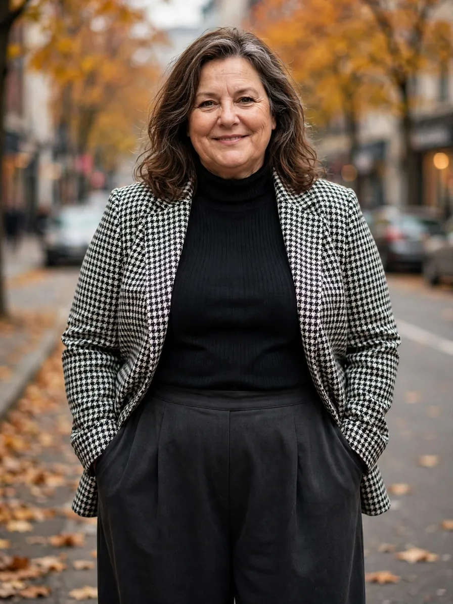 Plus-size woman in her 50s wearing a houndstooth blazer over a black turtleneck with dark wide-leg trousers on an autumn city street