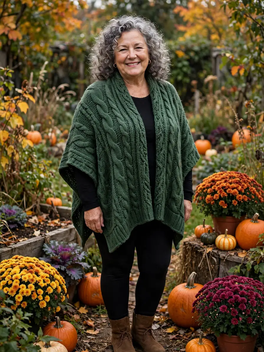Plus-size woman in her late 50s wearing a forest-green cable-knit poncho over black leggings and brown ankle boots in an autumn garden with pumpkins