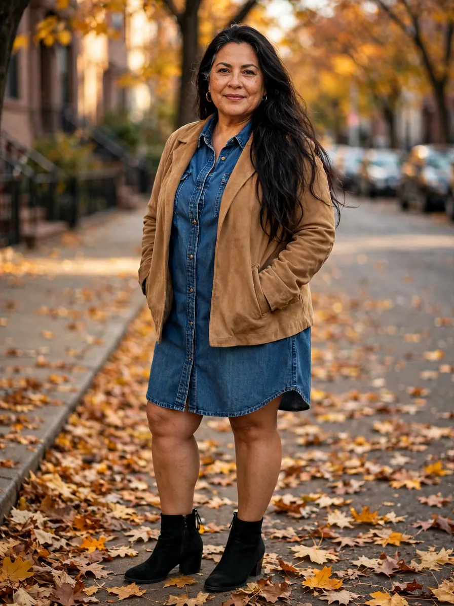 Plus-size woman in her 50s wearing a denim shirt dress under a tan suede jacket with black ankle boots on a leaf-covered sidewalk