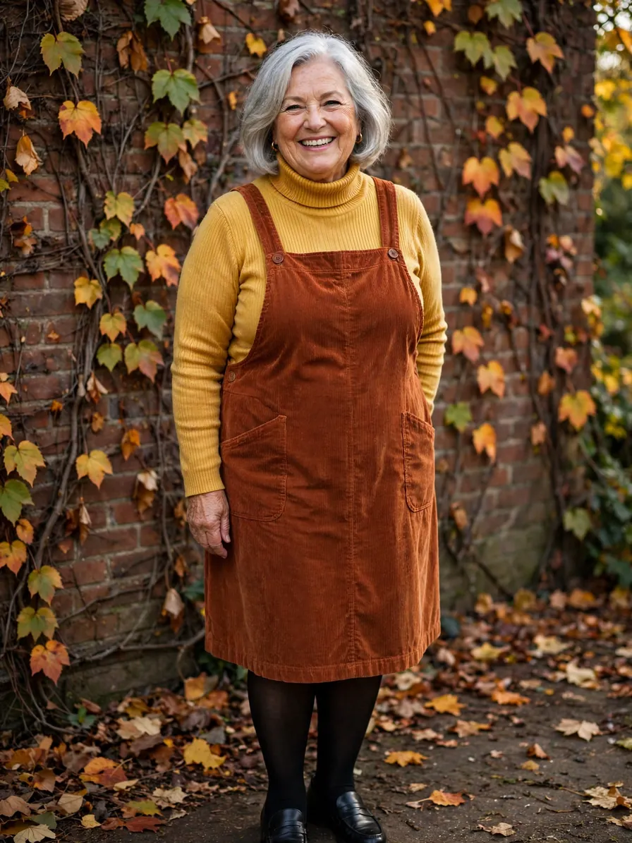 Plus-size woman in her early 60s wearing a mustard turtleneck under a rust corduroy pinafore dress with black tights and loafers against an ivy-covered brick wall