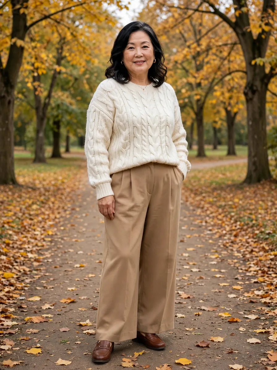 Plus-size Asian woman in her 50s wearing an ivory cable-knit sweater with camel wide-leg trousers and brown loafers on a park path with golden trees