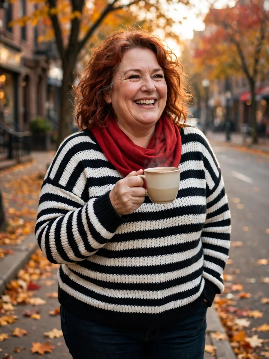 Plus-size woman in her mid 50s with red hair wearing a black-and-white striped sweater, red scarf and dark jeans, holding a coffee mug on a fall street